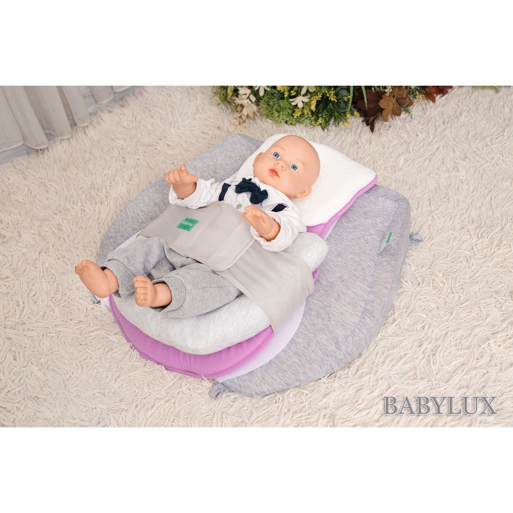 Combo 3 in 1:Gối chống trào ngược 15 độ, đệm ngủ đúng tư thế & Gối chống bẹp đầu cao su non cho bé Babylux