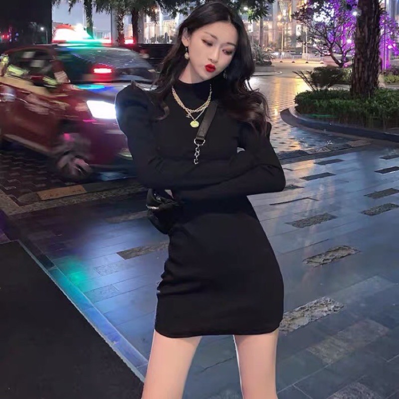 [Siêu Phẩm đình đám] Đầm Body Nữ Dài Tay Cổ Cao 3cm Vai Phồng Phối Xếp Ly | BigBuy360 - bigbuy360.vn