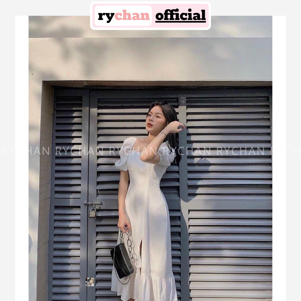 Đầm Xòe Midi Trắng Tay Phồng Xẻ Tà Viền Bèo Lót Trong Dày Dặn [Ảnh Thật Cuối] - DX9978