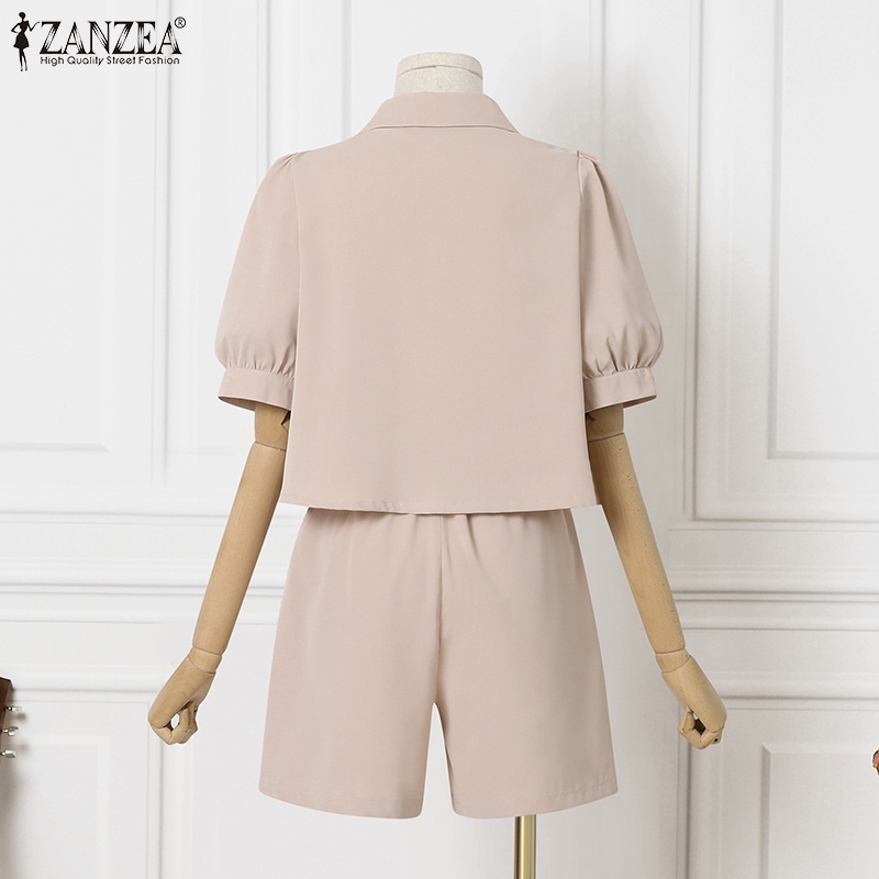 Bộ đồ ZANZEA gồm áo croptop ngắn tay cài nút và quần short lưng thun phối túi phong cách Hàn Quốc cho nữ