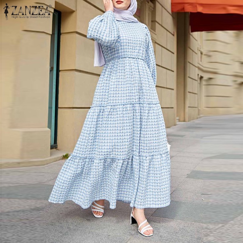Zanzea Đầm Nữ Tay Phồng Họa Tiết Caro Thời Trang