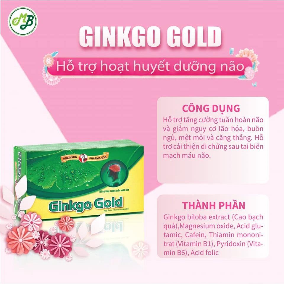 Viên uống tuần hoàn não, ginkgo biloba, tăng cường trí nhớ, giảm stress GINKGO Gold hộp 30 viên