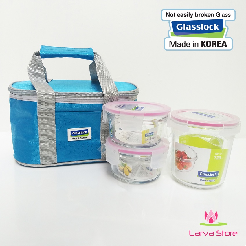 Bộ hộp cơm thủy tinh Glasslock Hàn Quốc (720ml + 350ml + 350ml kèm túi giữ nhiệt)