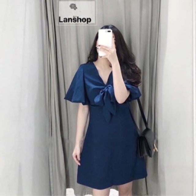 Váy cổ V buộc nơ ngực cho nữ