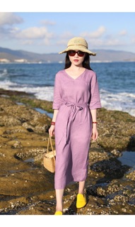 Váy tím linen mát lạnh [ đầm linen + cổ tim]