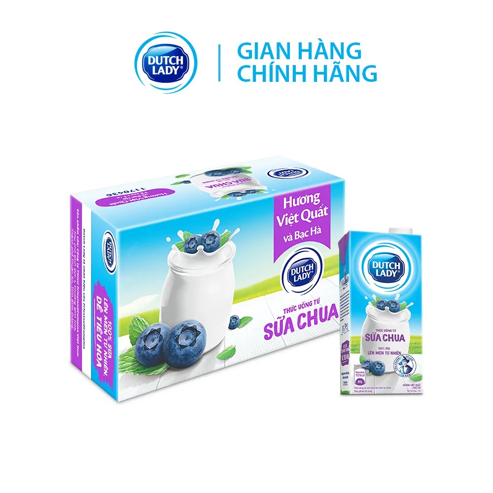 Thùng 12 hộp Sữa Chua Uống Lên Men Tự Nhiên Dutch Lady Hương Việt Quất Và Bạc Hà (12 x 1000ml)