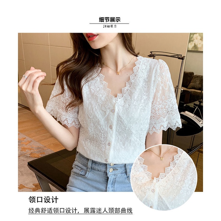 Áo Sơ Mi chiffon Ngắn Tay Phối Ren Cổ Chữ V Thiết Kế Mới Thời Trang Mùa Hè Cho Nữ