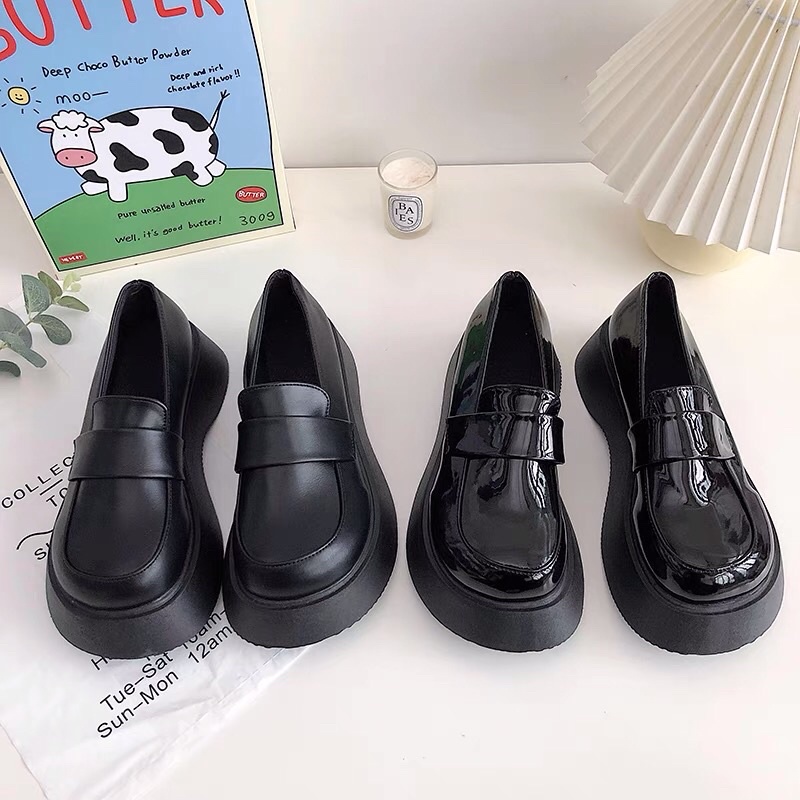 Giày oxford da trơn mũi tròn đế dày bánh mì phong cách Anh