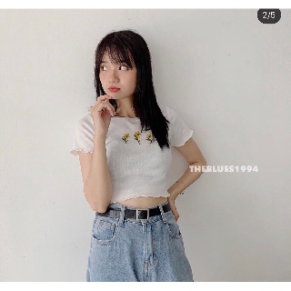 Áo croptop thêu hình 3 hoa cúc viền sóng tay siêu dễ thương TTSA0392