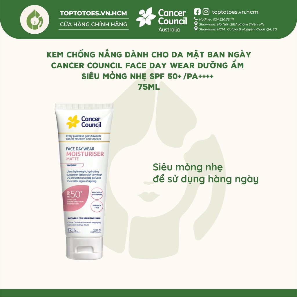 Kem chống nắng dành cho Da mặt hàng ngày Cancer Council Face Day Wear SPF 50+/ PA ++++