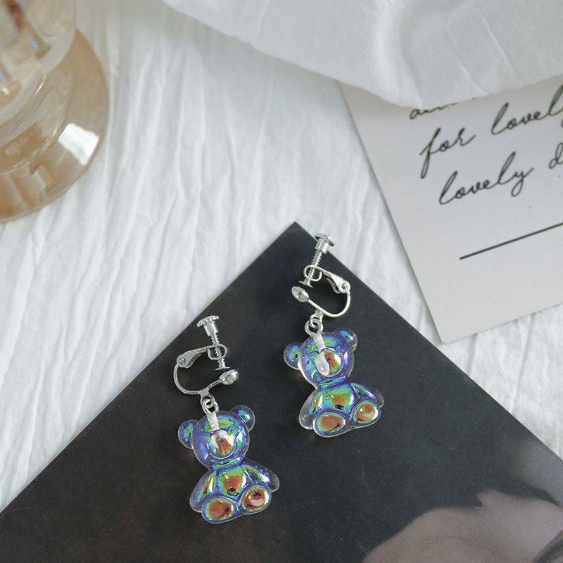 Khuyên tai kẹp không bấm lỗ chốt điều chỉnh K064 bằng hợp kim mạ bạc hình con gấu dáng midi Leous Accessories