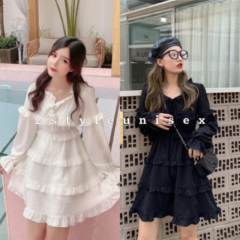 Váy bèo viền buộc nơ nhiều tầng dài tay