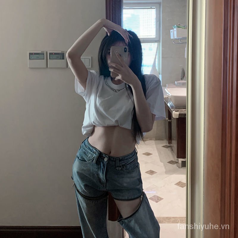 Quần jean dài lưng cao ống rộng có thể tháo rời thiết kế mới thời trang sành điệu cá tính cho nữ | BigBuy360 - bigbuy360.vn