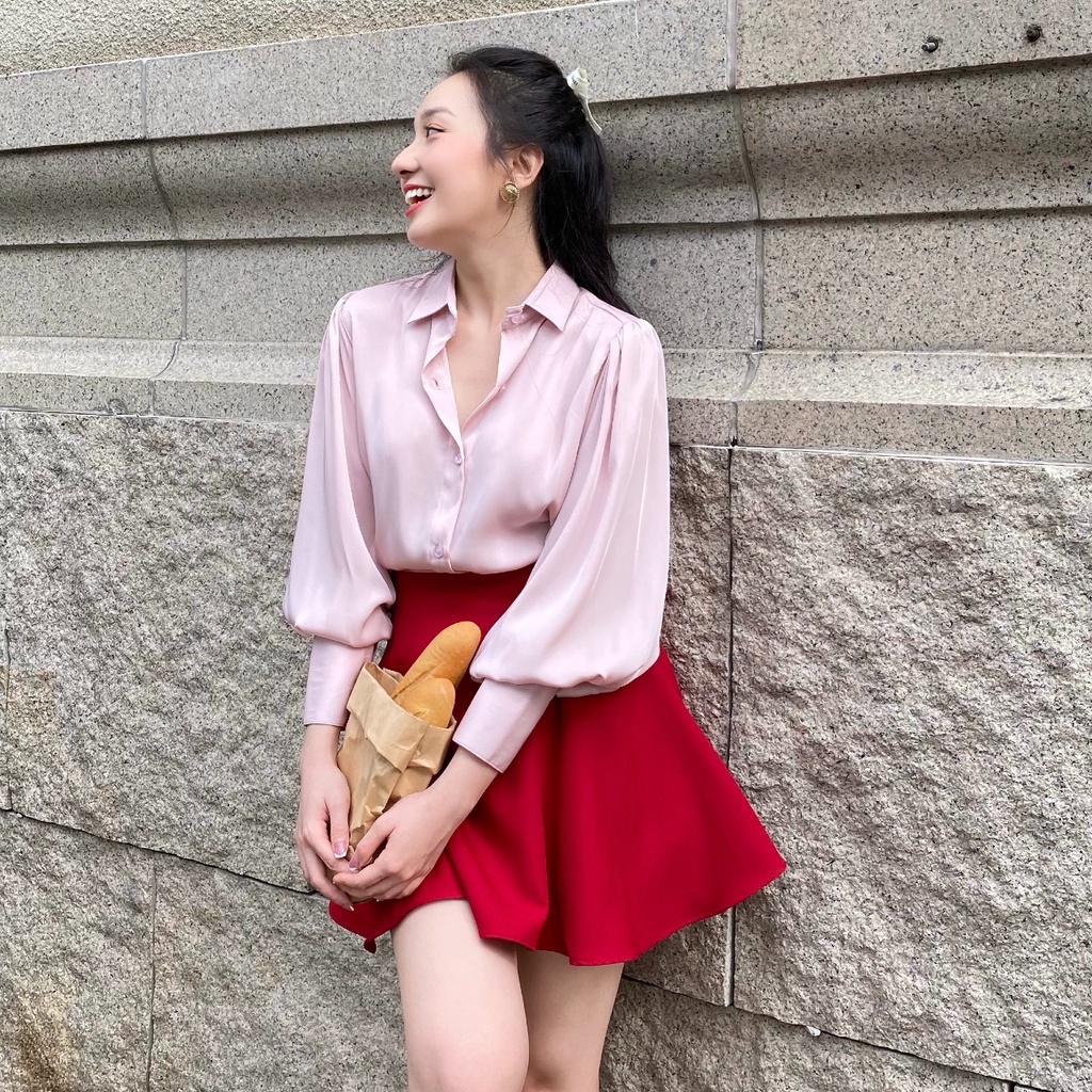 KIOBI - Áo sơ mi Bishop form suông cơ bản, tay phồng măng-sét lớn cổ điển, vải lụa Nhật hồng pastel - KIA2111H