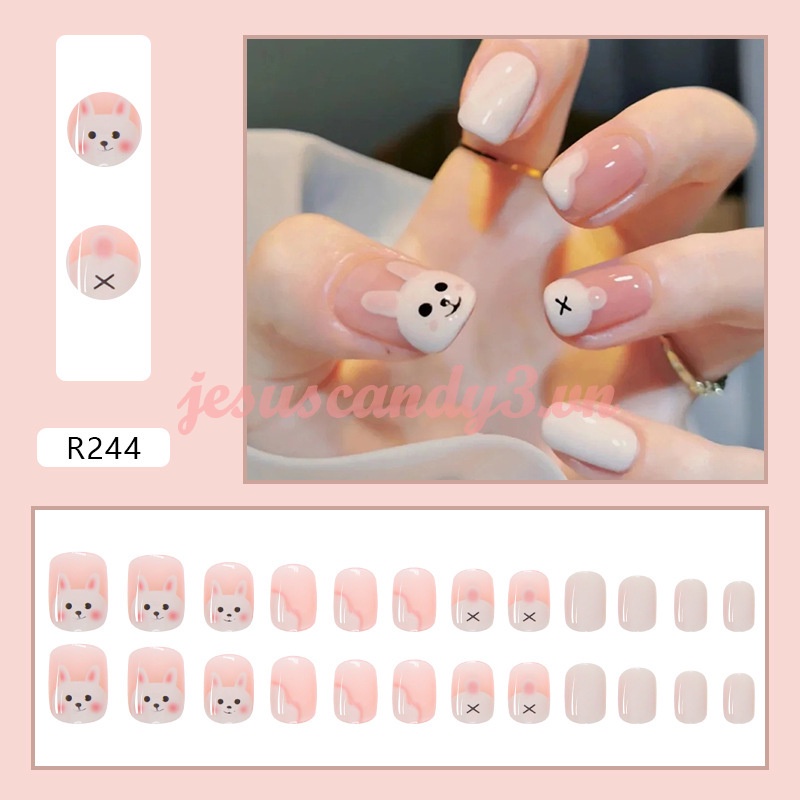 Set 24 móng tay giả hình thỏ hoạt hình dễ thương đáng yêu