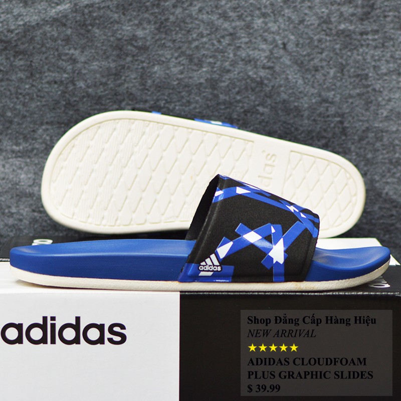 Dép Adidas Cloudfoam Plus Graphic màu xanh dương đế trắng quai đen sọc xanh dương