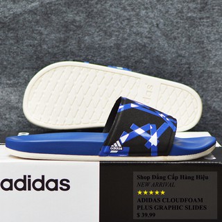Dép Adidas Cloudfoam Plus Graphic màu xanh dương đế trắng quai đen sọc xanh dương