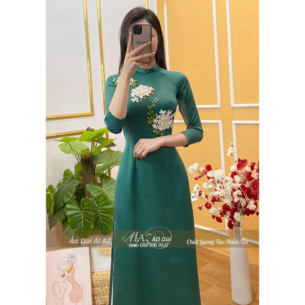 Áo Dài Truyền Thống Nữ Cổ Cao Tay Lỡ Hoa Thủ Công AT03