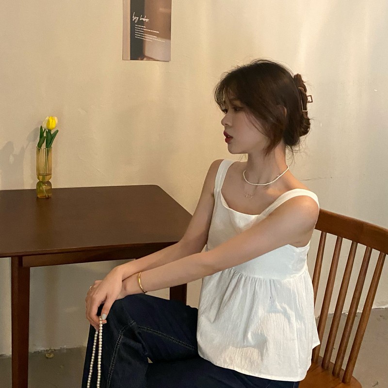 Áo Tank Top Sát Nách Cổ Vuông Dáng Rộng Màu Trơn Phối Dây Buộc Sau Lưng Kiểu Hàn Quốc Thời