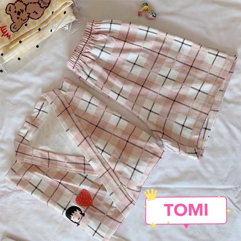 Đồ bộ nữ, bộ pijama nữ ngắn tay kẻ hồng buộc dây - TOMI BOUTIQUE