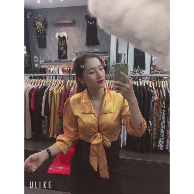 Áo sơ mi phi lụa cổ bẻ cột eo chuẩn dáng( PC)