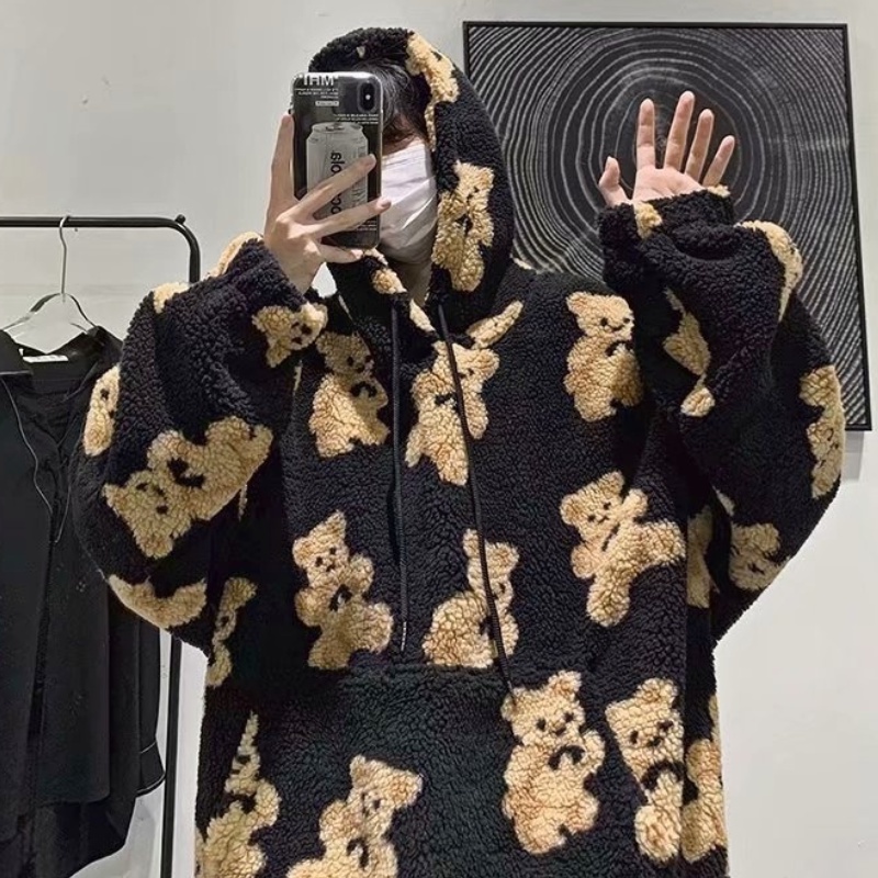 Áo Hoodie Len Lông Cừu Tay Dài Dáng Rộng In Hoạ Tiết Hoạt Hình Dành Cho Nam