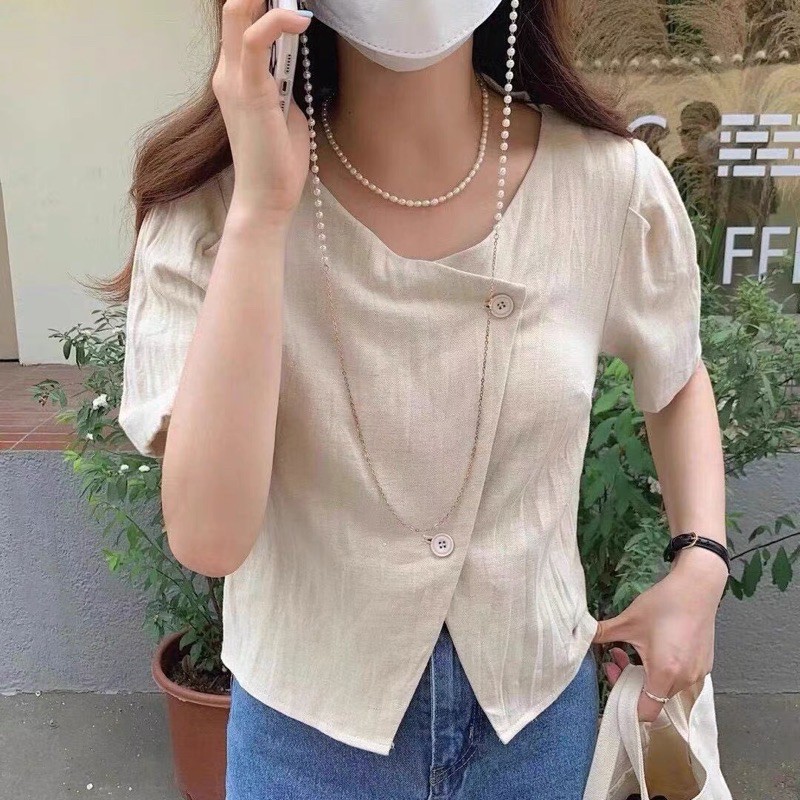 Áo sơ mi 2 cúc vạt lệch vintage chất thô đũi mát dáng lửng croptop