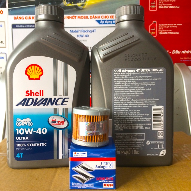 Shell Châu Á - Combo Nhớt Shell Advance Ultra 10W-40 + Lọc Nhớt Yamaha Suzuki Cao Cấp