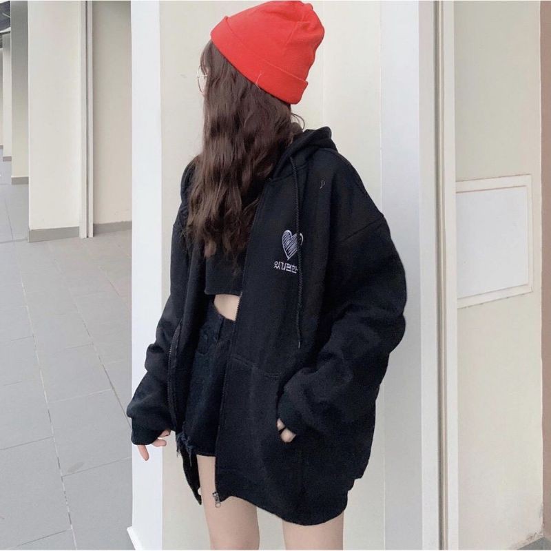 Áo hoodie nam nữ,áo khoác hoddie có khóa in tim chữ hàn