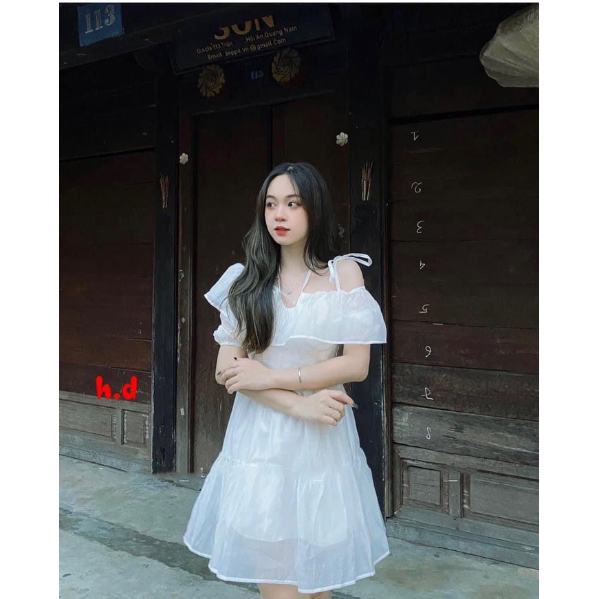 Váy voan trễ vai buộc dây kiểu dáng hàn quốc đầm nữ công chúa dự tiệc sang chảnh cực xinh dễ thương hàn quốc