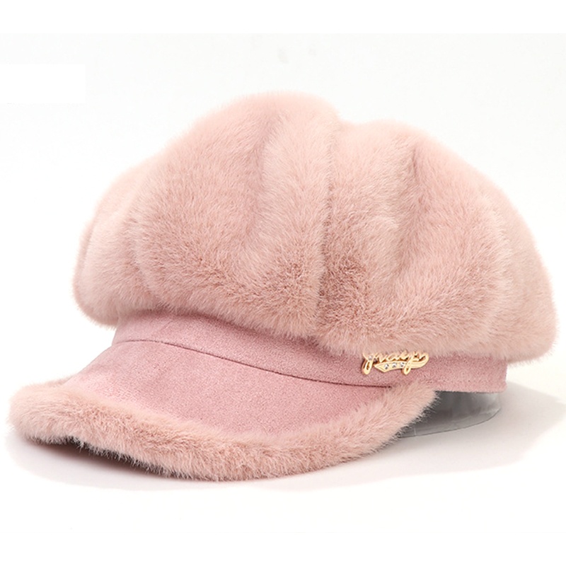 Mũ Beret vải lông chồn màu trơn phong cách thời trang Retro thu đông