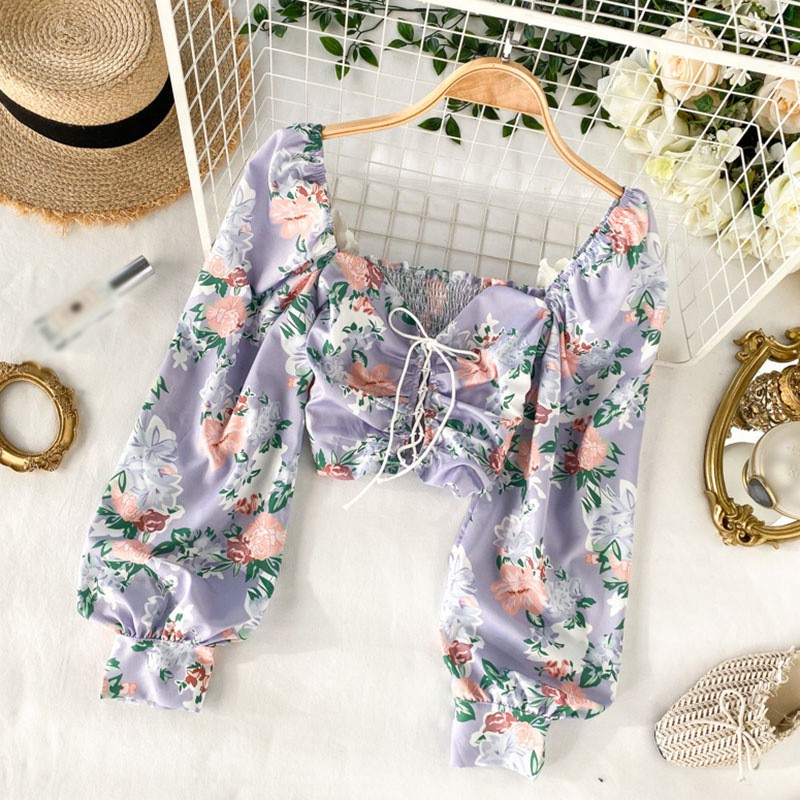 Áo croptop tay phồng cổ vuông in họa tiết phối dây rút cá tính thời trang cho nữ