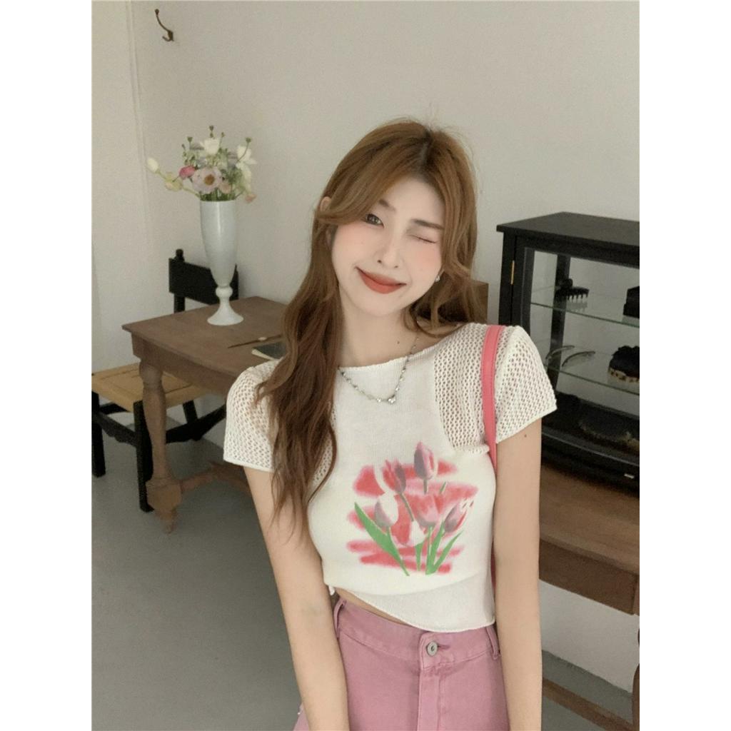 Áo Thun Gân Ngắn Tay In Hoa Phong Cách Mới Dành Cho Mùa Hè 62410