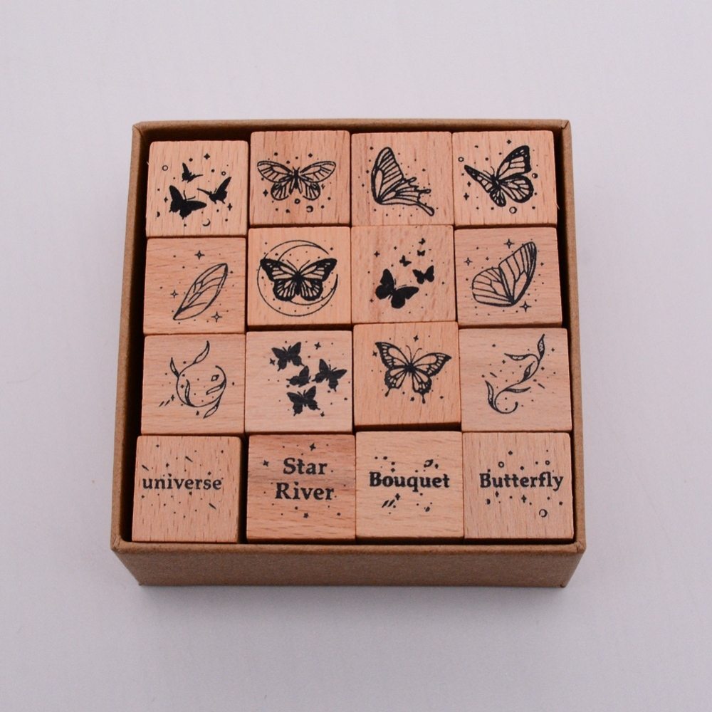 Beebeecraft 1 Box Wooden Stamps with Rubber Square Butterfly Pattern 20x20x35mm 16pcs/box for DIY Jewelry Making