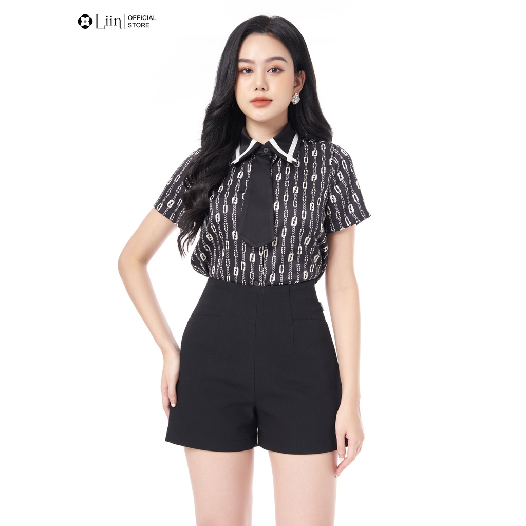 Áo sơ mi cộc tay linbi màu đen họa tiết kẻ chữ nhỏ mix cà vạt cá tính liin clothing SM4324