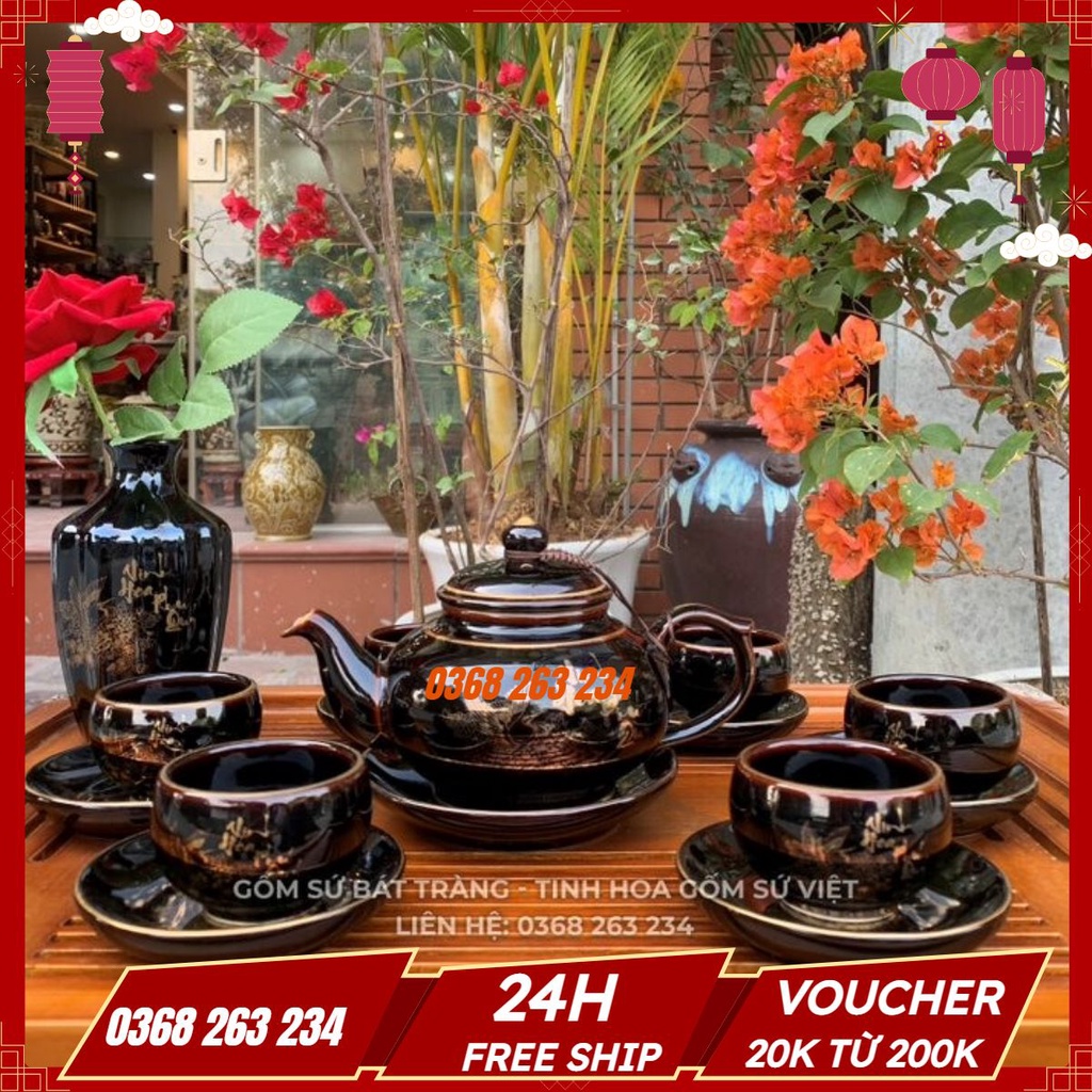 Bộ Ấm Chén Uống Trà, Bộ Ấm Chén Bát Tràng Cao Cấp - Vinh Hoa Phú Quý Men Đen