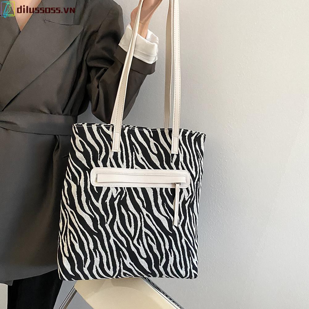 [DILUSSOSS] túi xách tay phụ nữ  Fashion Women Zebra Pattern Shoulder Bag Vintage Zipper Canvas Underarm Bag
