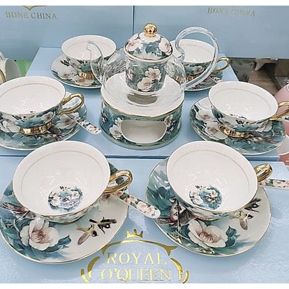 Bộ ấm chén kèm 6 đĩa lót tách pha trà hoa thủy tinh kết hợp gốm sứ xương cao cấp có đế đun và thìa hoa xanh