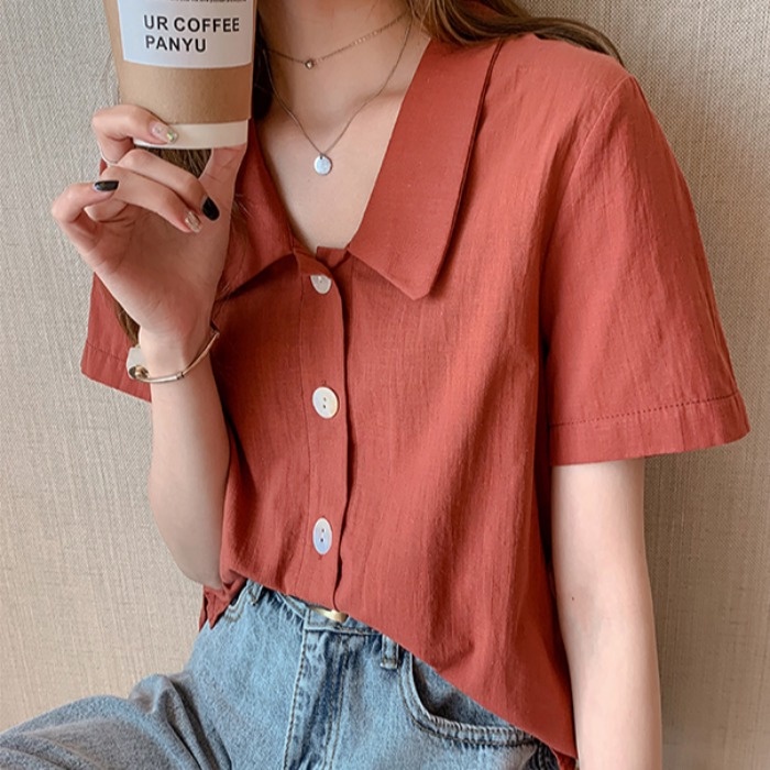 Áo sơ mi ngắn tay màu trơn phong cách cổ điển thời trang công sở cho nữ