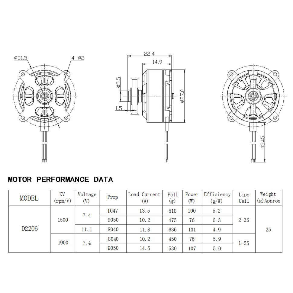 Động cơ không chổi than D2206 1500KV 2-3S cho máy bay không người lái điều khiển từ xa