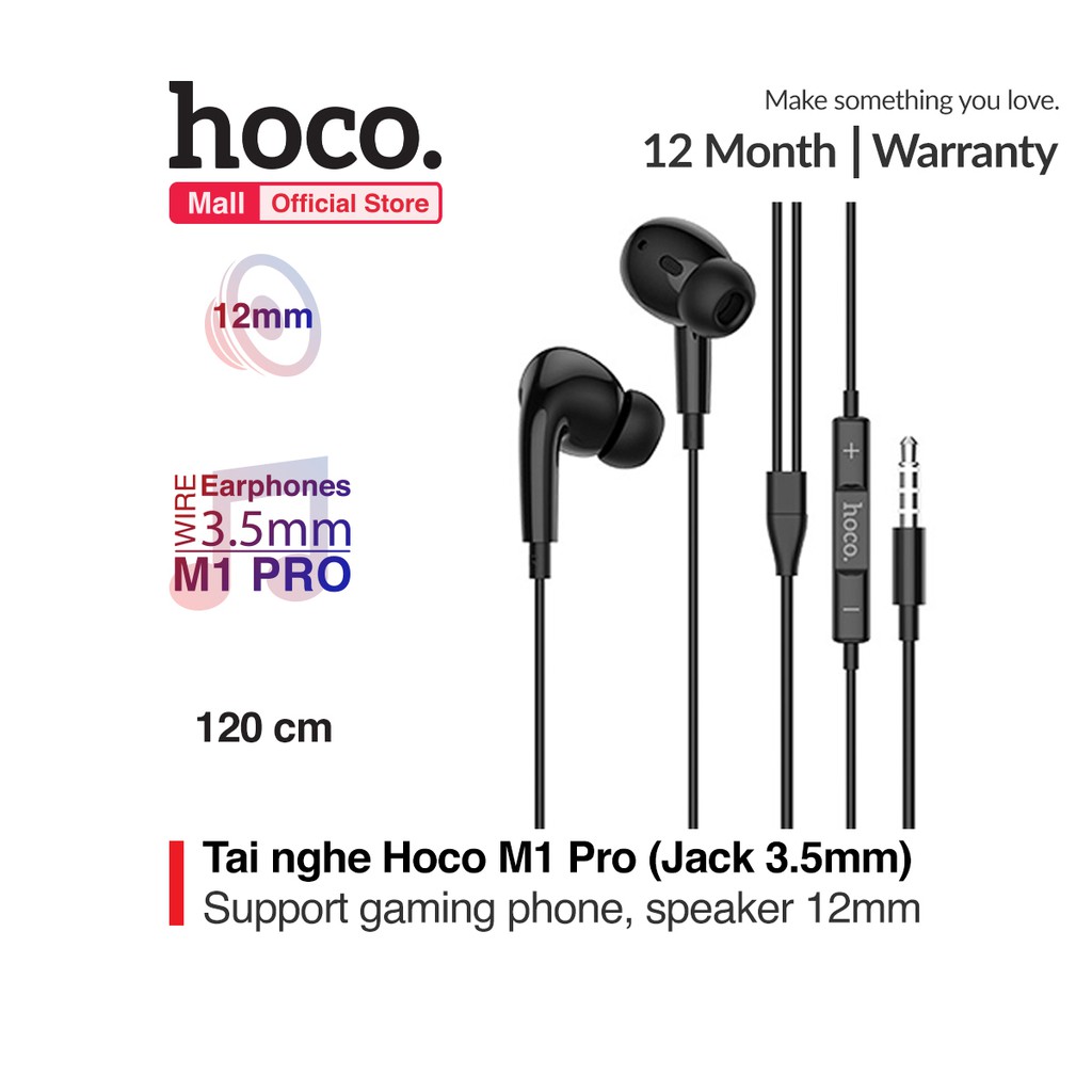 Tai nghe Hoco M1 Pro, được làm từ chất liệu TPE siêu bền, speaker 12mm, hỗ trợ gaming phone, dài 120cm