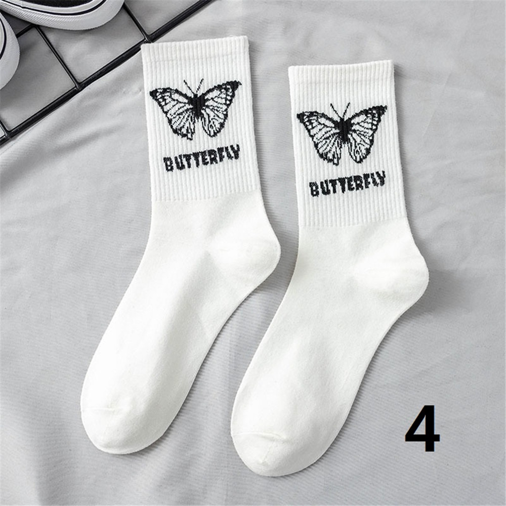 Vớ Cotton Cổ Vừa Họa Tiết Bướm Màu Trắng Đen Thời Trang Cho Cặp Đôi