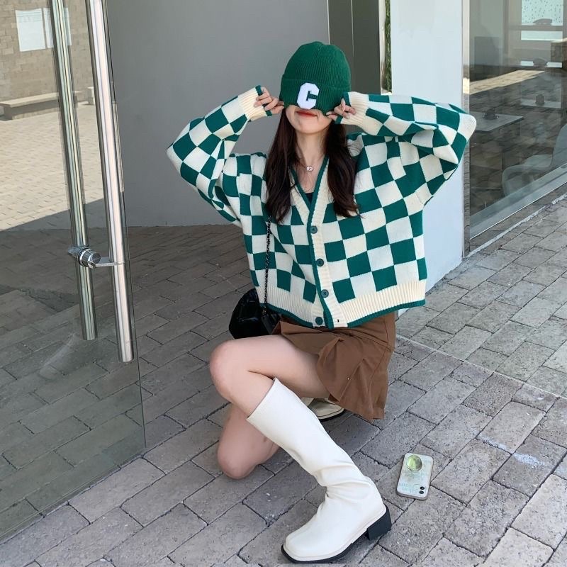 Áo khoác len áo cardigan len sọc caro xanh dáng croptop phong cách trẻ trung cá tính - CLG15