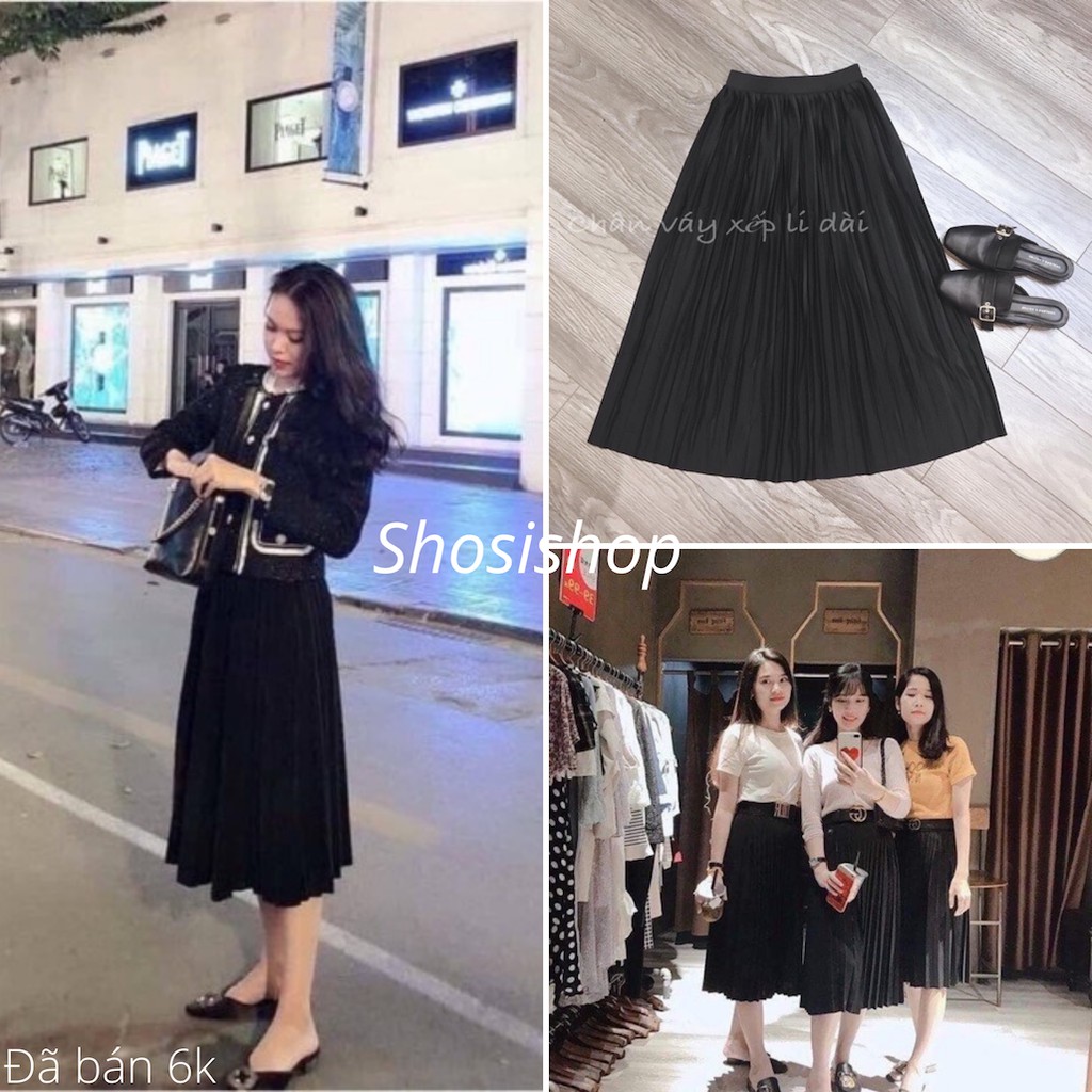 Hàng đẹp - 2021 Chân váy xếp ly dài Hàn Quốc midi cạp chun free size đen trơn | BigBuy360 - bigbuy360.vn