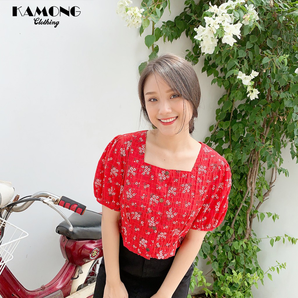 Áo kiểu Croptop hoa nhí cổ vuông KAMONG A029 | BigBuy360 - bigbuy360.vn