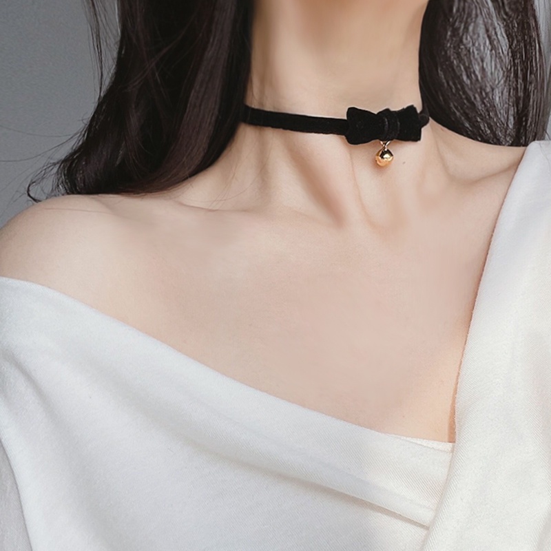 Vòng cổ nhung ngắn thắt nơ màu đen gắn chuông kiểu Pháp phong cách Hàn Quốc retro cho nữ