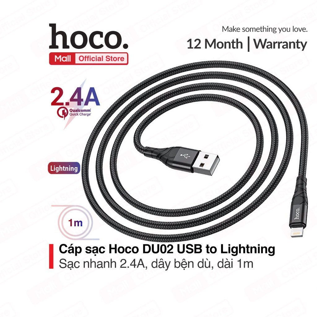 Cáp sạc Hoco DU02 USB to Lightning sạc nhanh 2.4A, dây bền dù chống đứt, dài 100cm