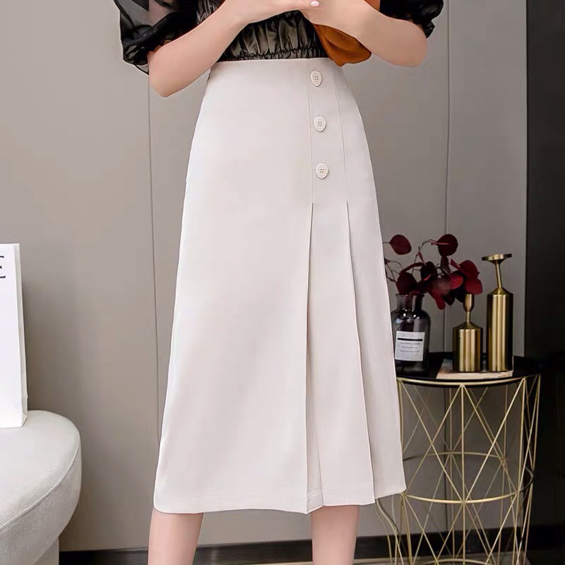 Chân váy đẹp_ xếp li phối 3 khuy - 4BASIC - CV01