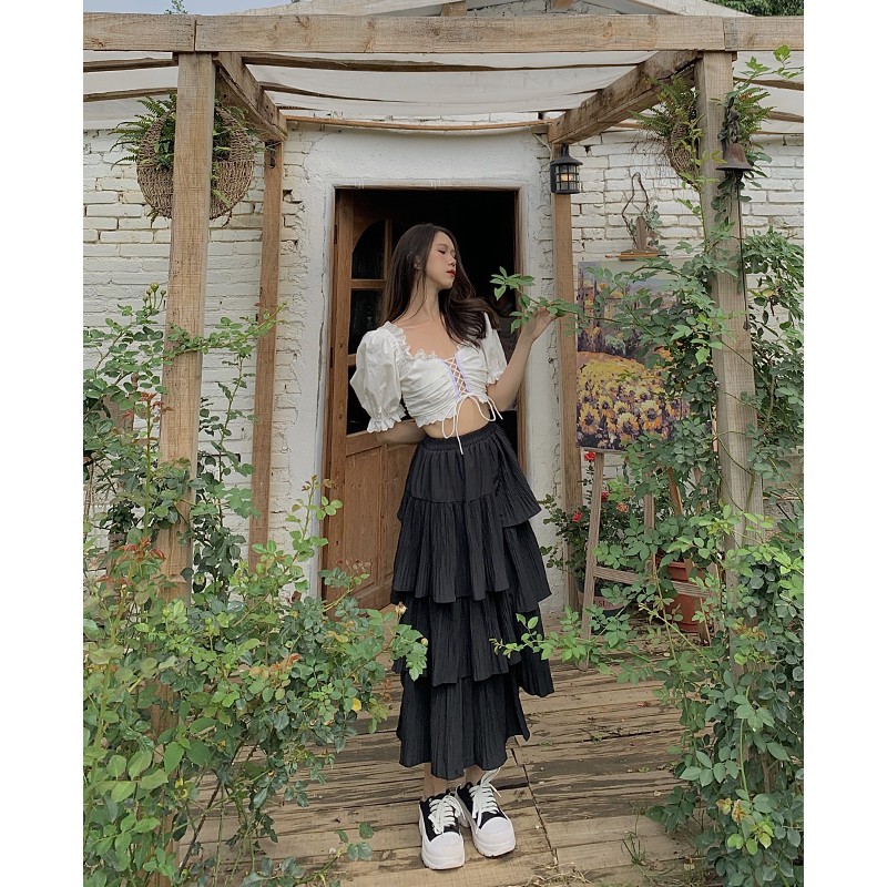 Chân váy dài tầng lệch tà Emilyshop ulzzang