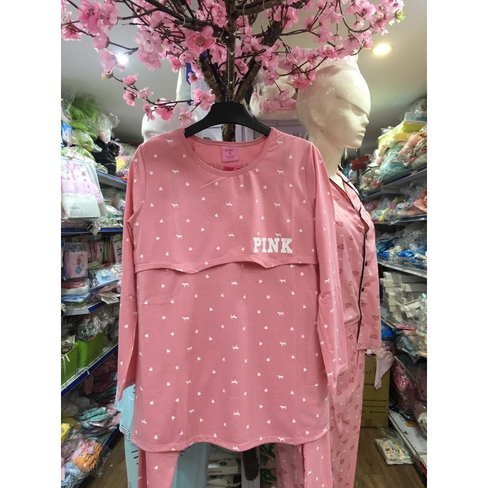 Bộ đồ bầu BIG SIZE pink dài mở lắp mặc bầu và sau sinh
